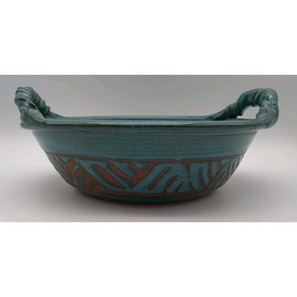 Signed Studio Pottery Bowl With Twisted Handles Teal Blue Fishscale Design - Picture 5 of 9